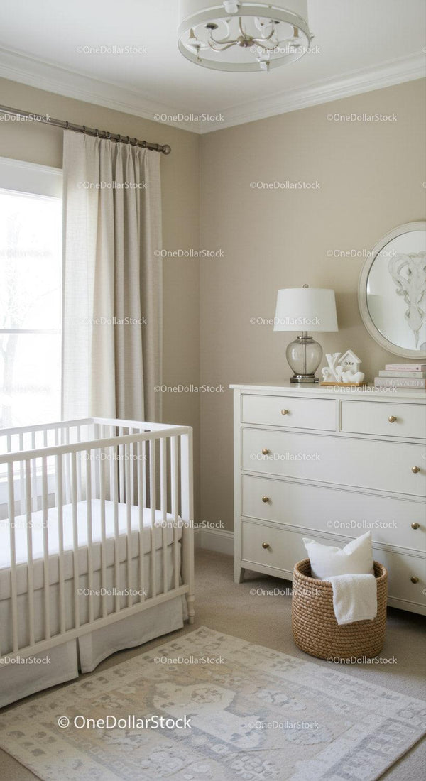 Elegant White Nursery with Crib and Cozy Decor in Neutral Tones
