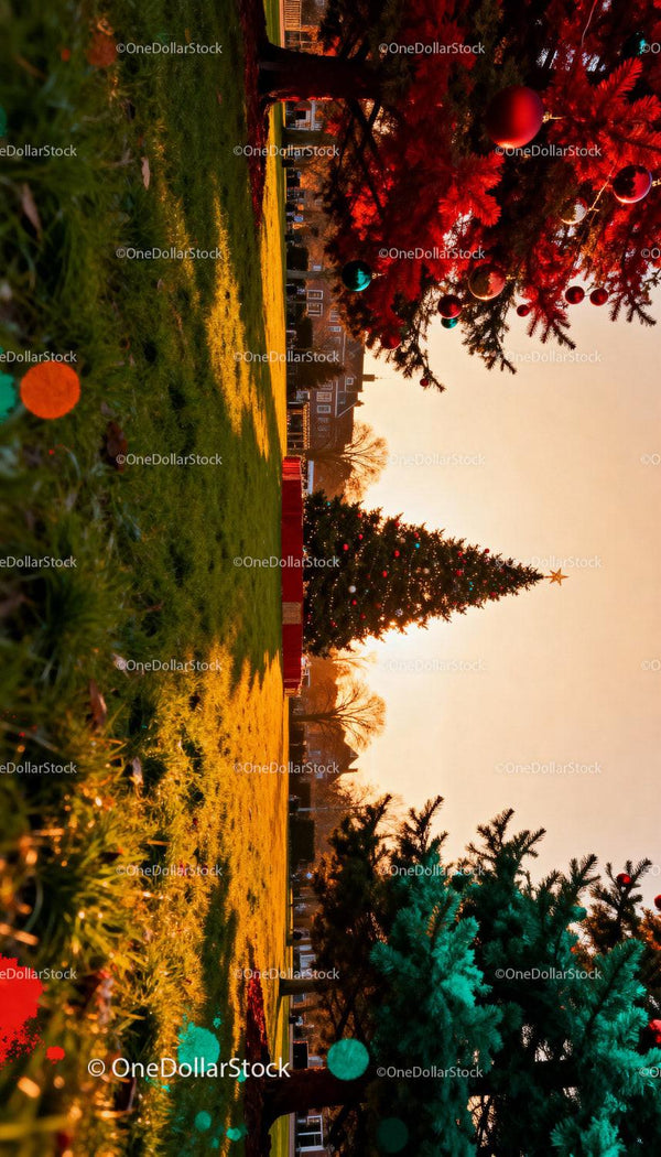 Christmas trees decorated with ornaments in sunset park
