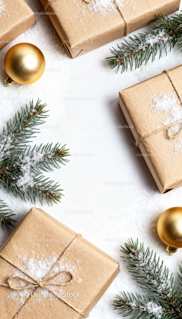 Rustic Christmas Gifts with Pine Branches and Gold Ornaments