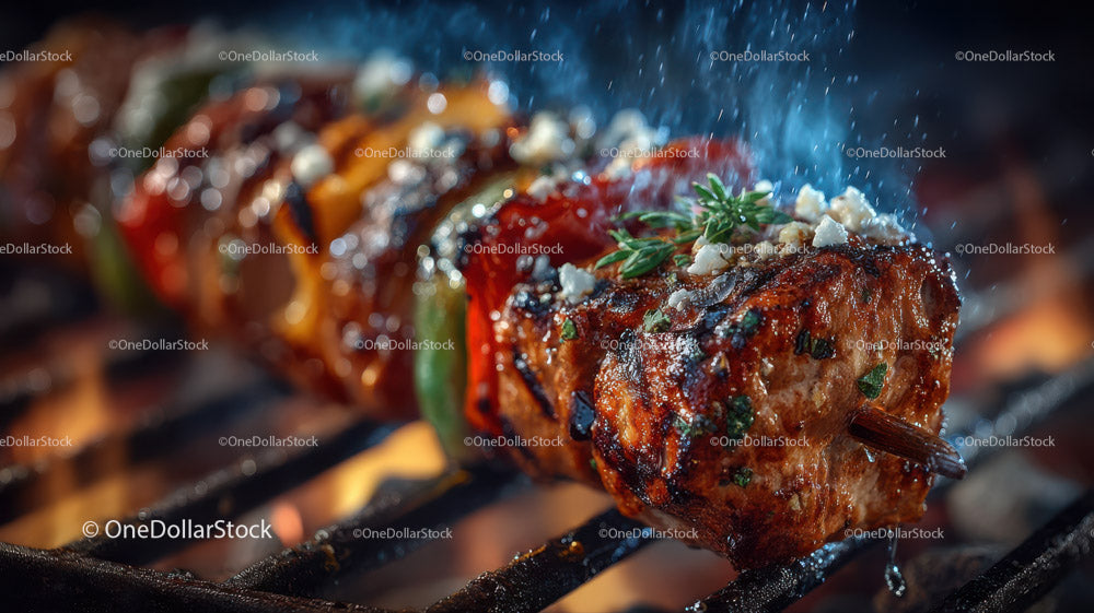Juicy Grilled Meat Skewers with Charred Edges on Open Flame