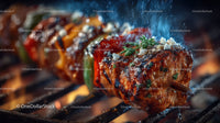 Juicy Grilled Meat Skewers with Charred Edges on Open Flame