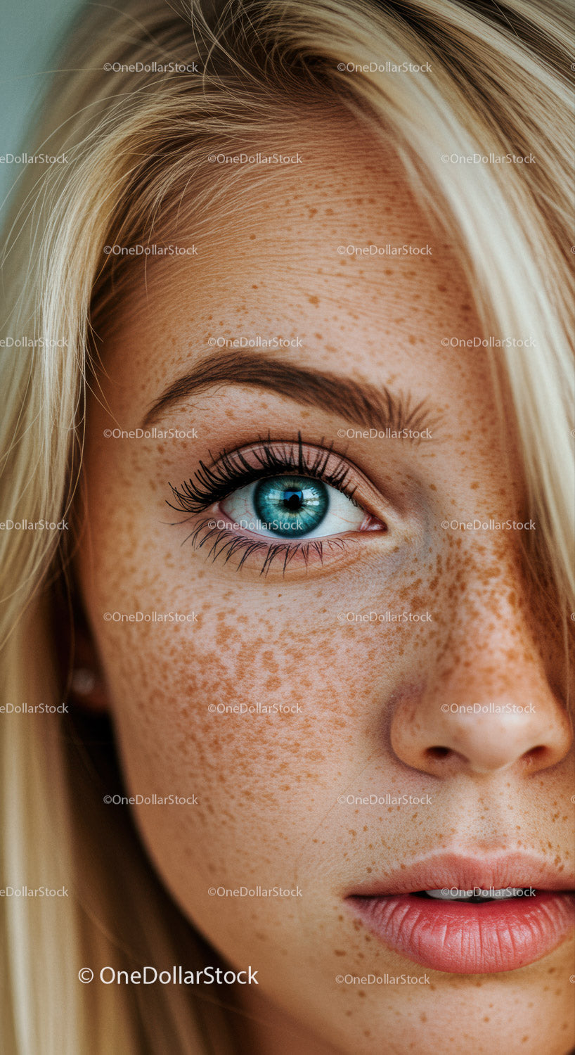 Close-up of young woman with freckles and blue eye