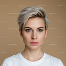 Portrait of a Young Woman with Short Blonde Hair and Bright Blue Eyes