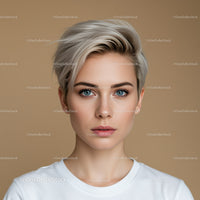 Portrait of a Young Woman with Short Blonde Hair and Bright Blue Eyes