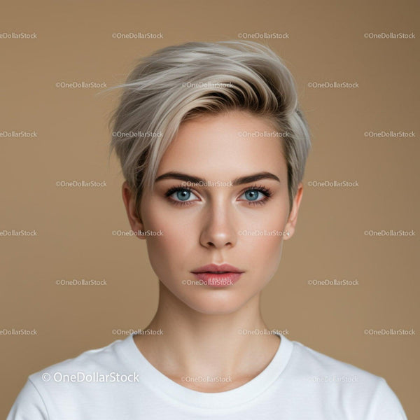 Portret młodej kobiety z krótkimi blond włosami i jasnoniebieskimi oczami