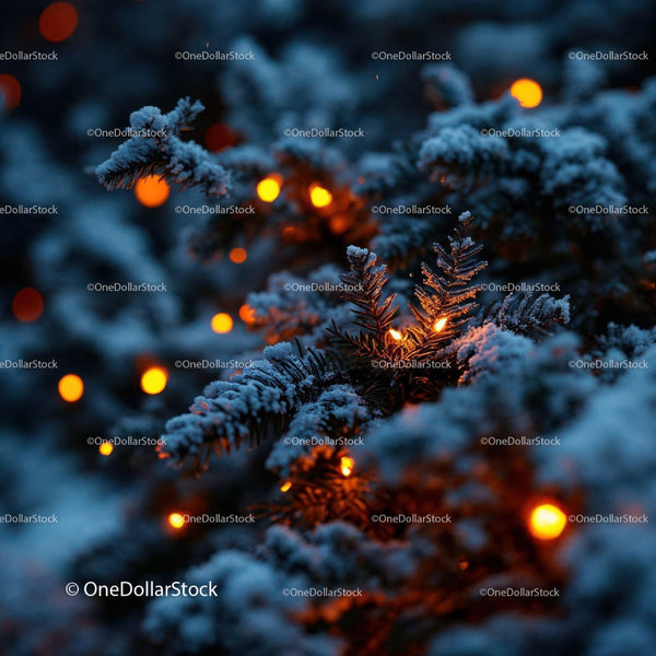 Snowy pine branches glowing with warm holiday lights