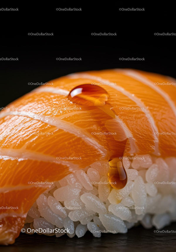 Fresh salmon sushi with soy sauce droplets close up