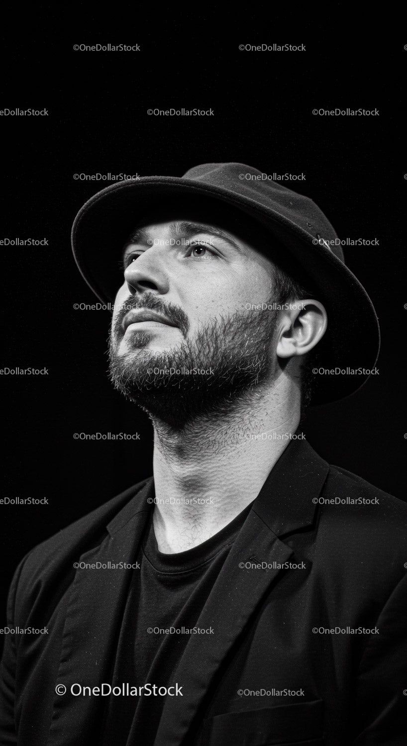 Zamyślony mężczyzna w czarnym kapeluszu fedora patrzący w górę