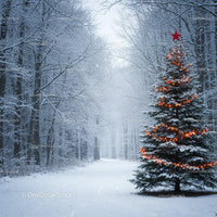 Snowy Forest Path with Decorated Christmas Tree