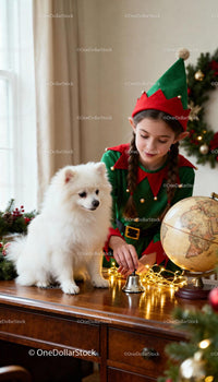 Young girl elf with white dog playing near globe