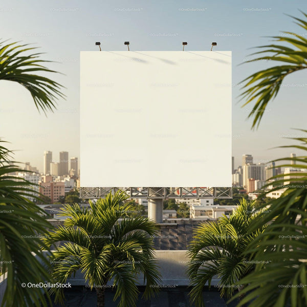 Blank Billboard Above Tropical Trees in Urban Cityscape JPG Mockup Image