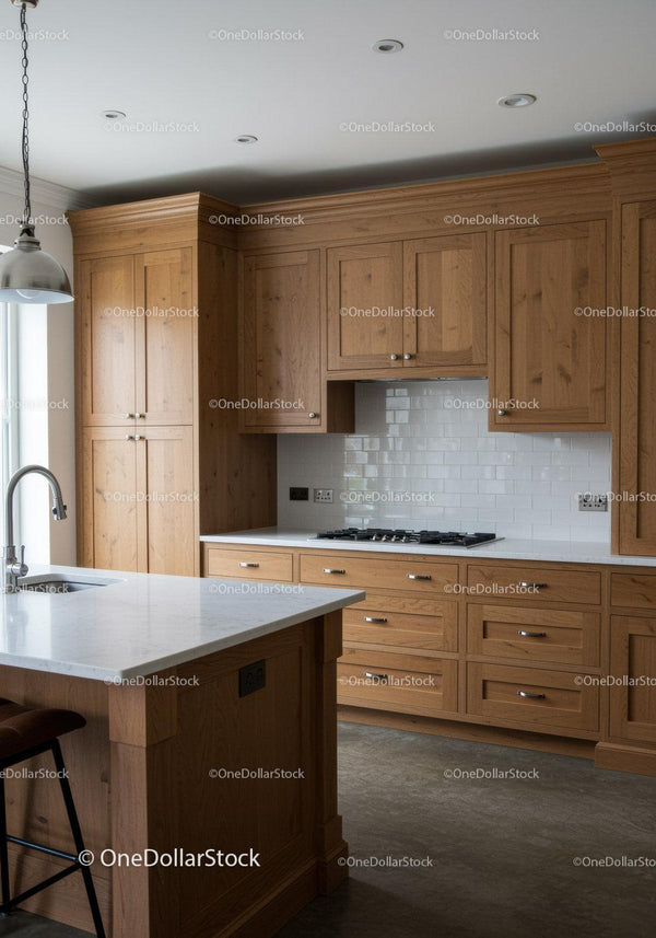 Modern Kitchen with Wooden Cabinets and Marble Countertop