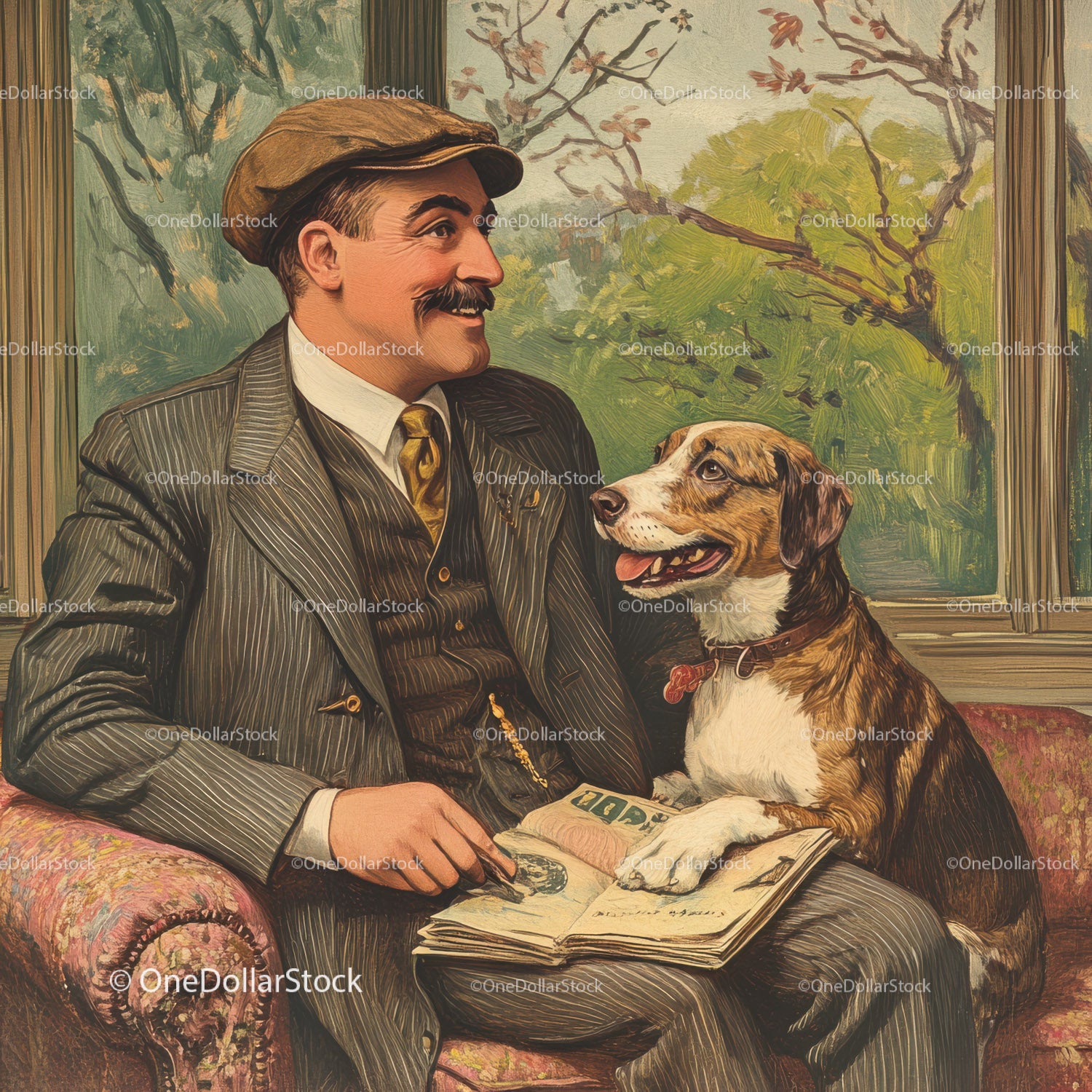 Vintage Man with Dog Sitting on Floral Couch with Outdoor Background