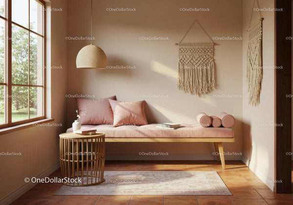 Cozy minimalist living room with natural light and decor