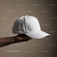 Hand holding a plain white baseball cap on beige background