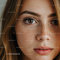 Close-up of a Young Woman with Freckles and Captivating Brown Eyes