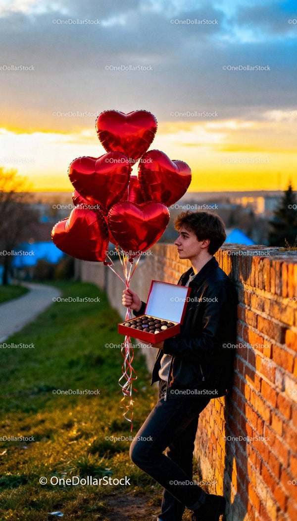 Young man holding heart balloons with chocolates at sunset