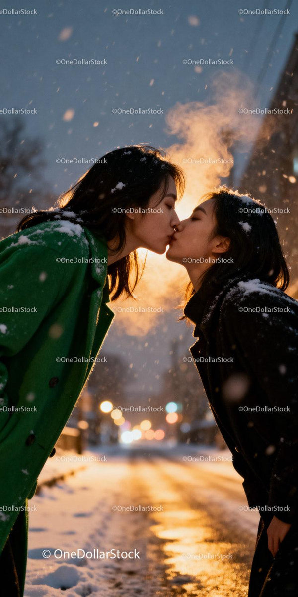 Couple sharing a tender kiss on snowy winter street