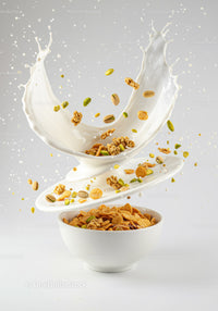 Cereal Bowl with Splashing Milk and Nuts in Motion