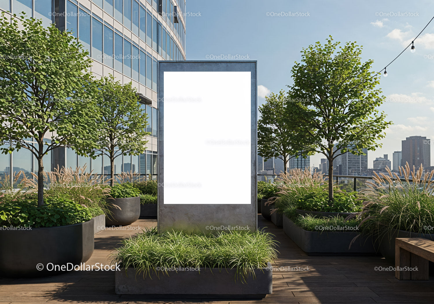 Urban rooftop garden with blank vertical billboard