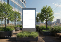 Urban rooftop garden with blank vertical billboard
