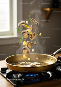 Fresh mushrooms and herbs sizzling in golden skillet