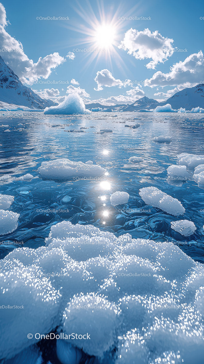 Majestic Arctic Landscape with Melting Icebergs and Bright Sun