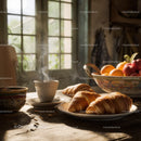 Rustic Breakfast Scene with Croissants Coffee and Fresh Fruit