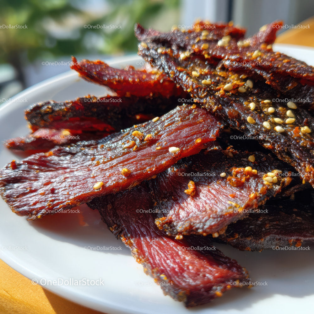 Delicious seasoned beef jerky slices ready to eat for snack lovers