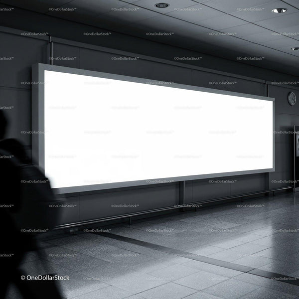 Empty illuminated billboard in modern urban corridor JPG Mockup Image