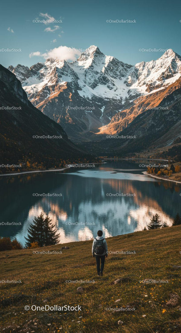 Majestic Snow-Capped Mountain Range Over Tranquil Lake with Hiker