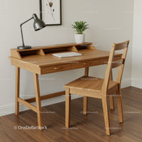 Modern Wooden Home Office Desk with Green Plant and Laptop