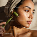 Beautiful Woman Using Jade Roller for Facial Massage and Skin Rejuvenation