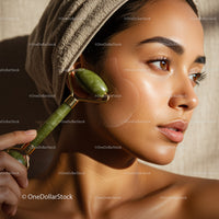 Beautiful Woman Using Jade Roller for Facial Massage and Skin Rejuvenation