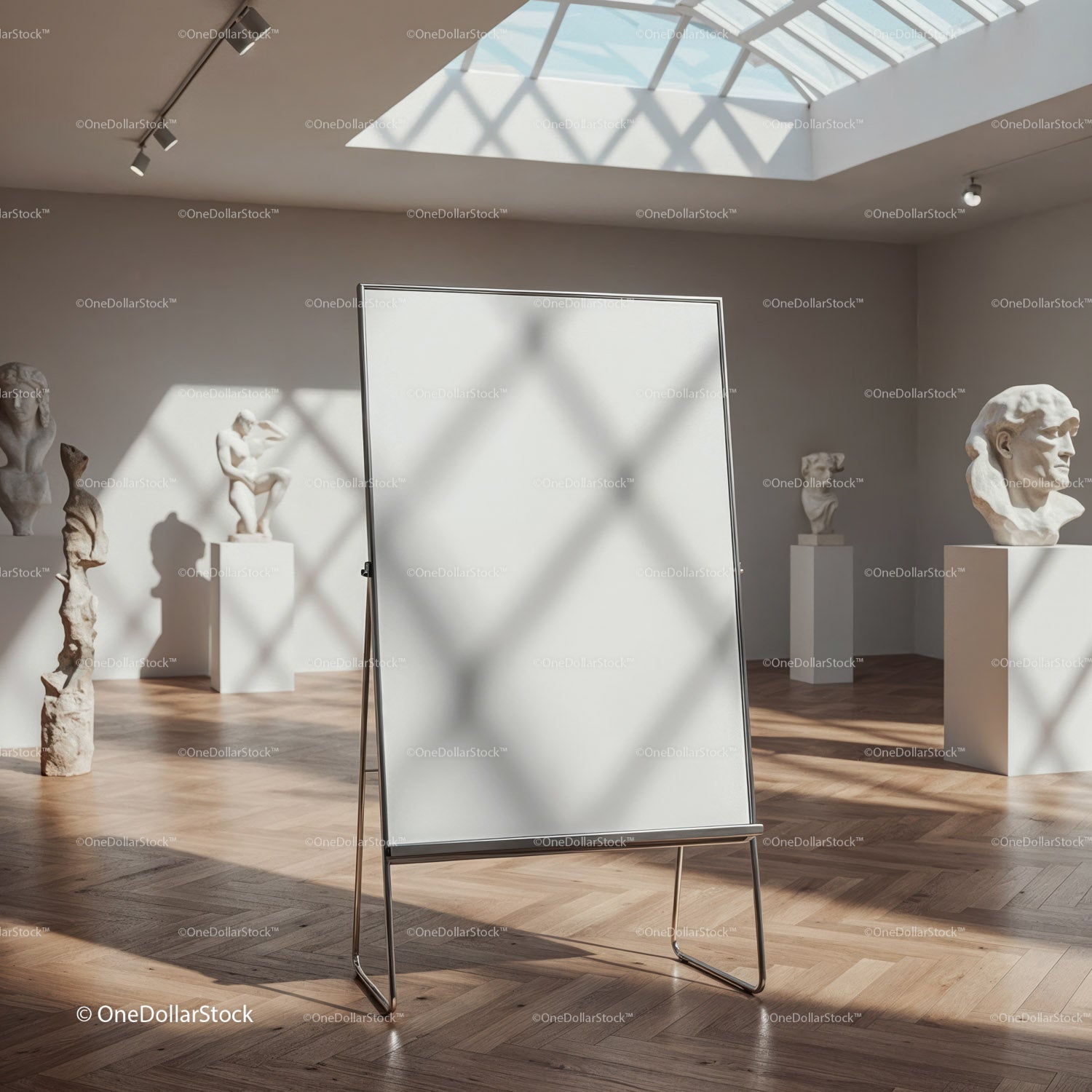 Empty easel in bright art gallery with classical sculptures