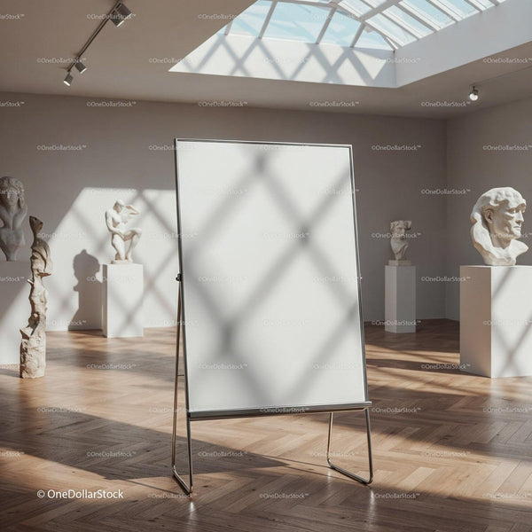Empty easel in bright art gallery with classical sculptures JPG Mockup Image