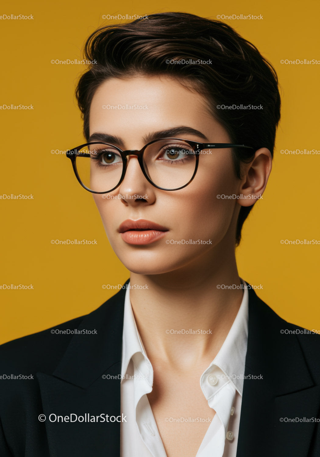 Elegant Businesswoman Wearing Stylish Black Glasses Portrait in Modern Style