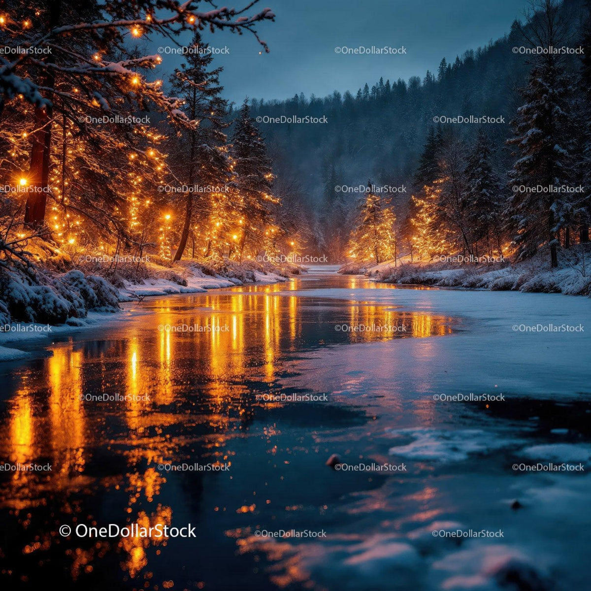 Winter river illuminated by glowing forest lights