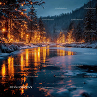 Winter river illuminated by glowing forest lights