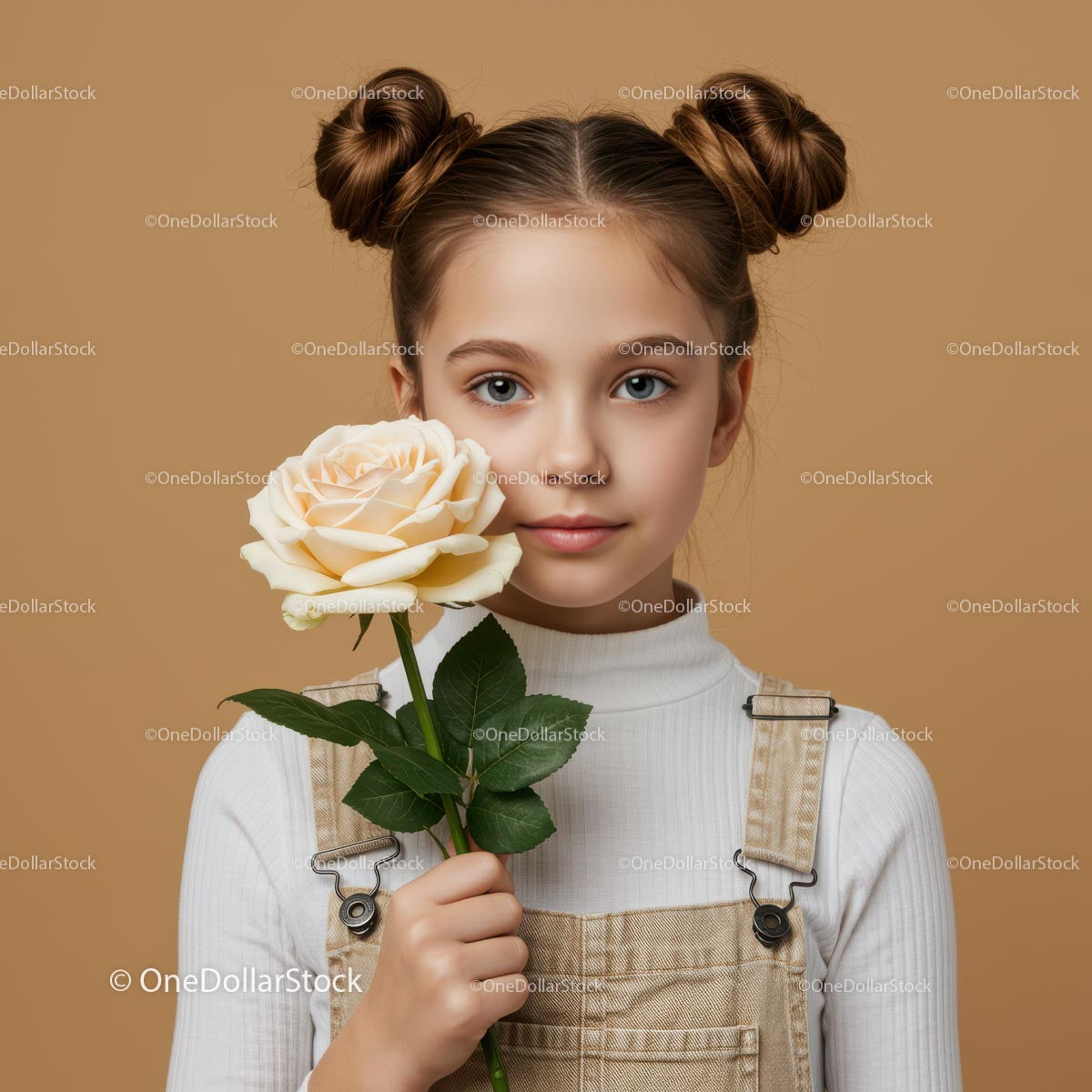 Young Girl with Pale Peach Rose Portrait on Soft Beige Background