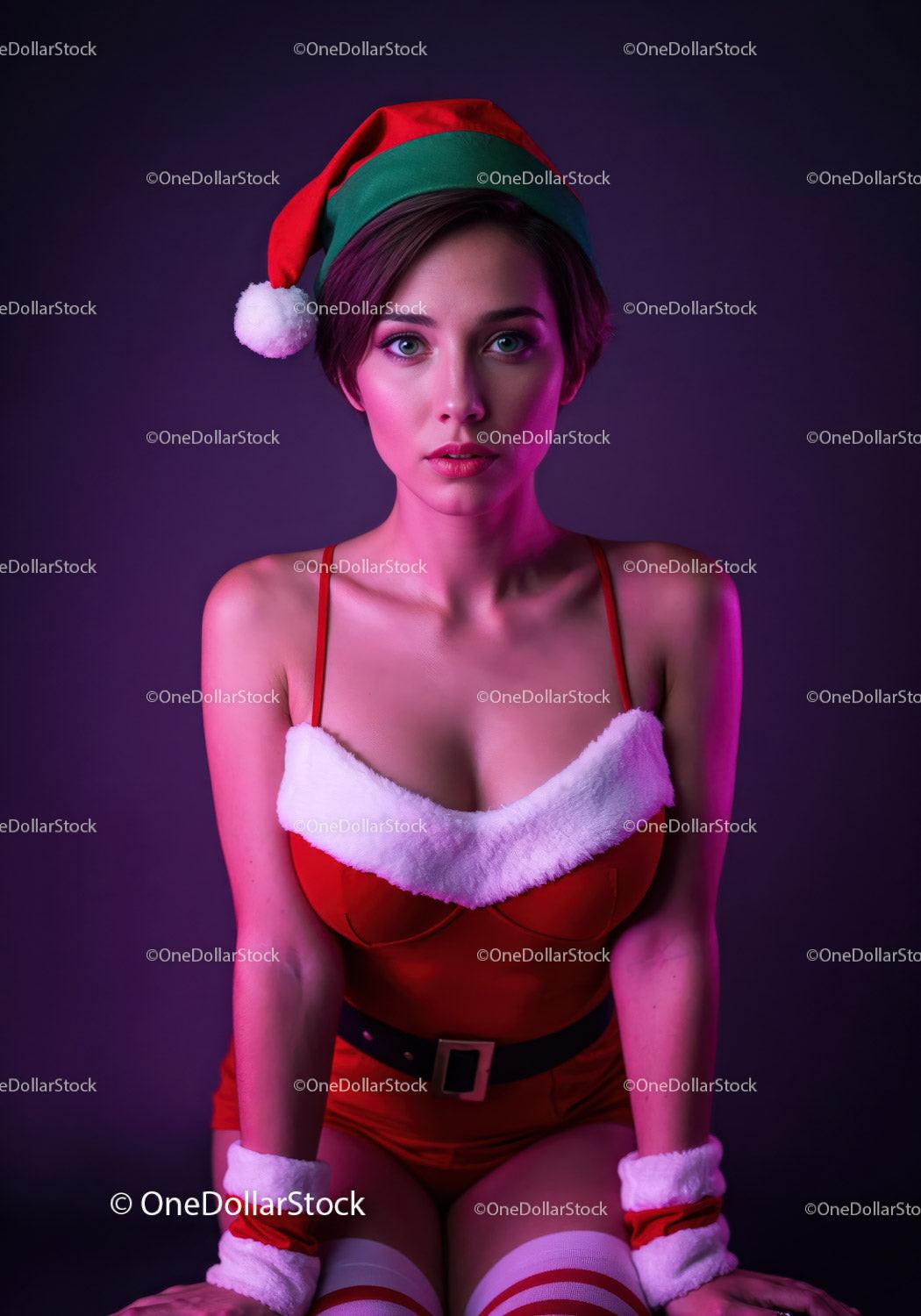 Young woman in festive Santa outfit with purple lighting