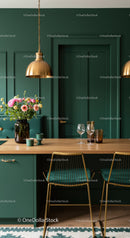 Elegant Modern Green Kitchen with Copper Pendant Lights and Floral Decor