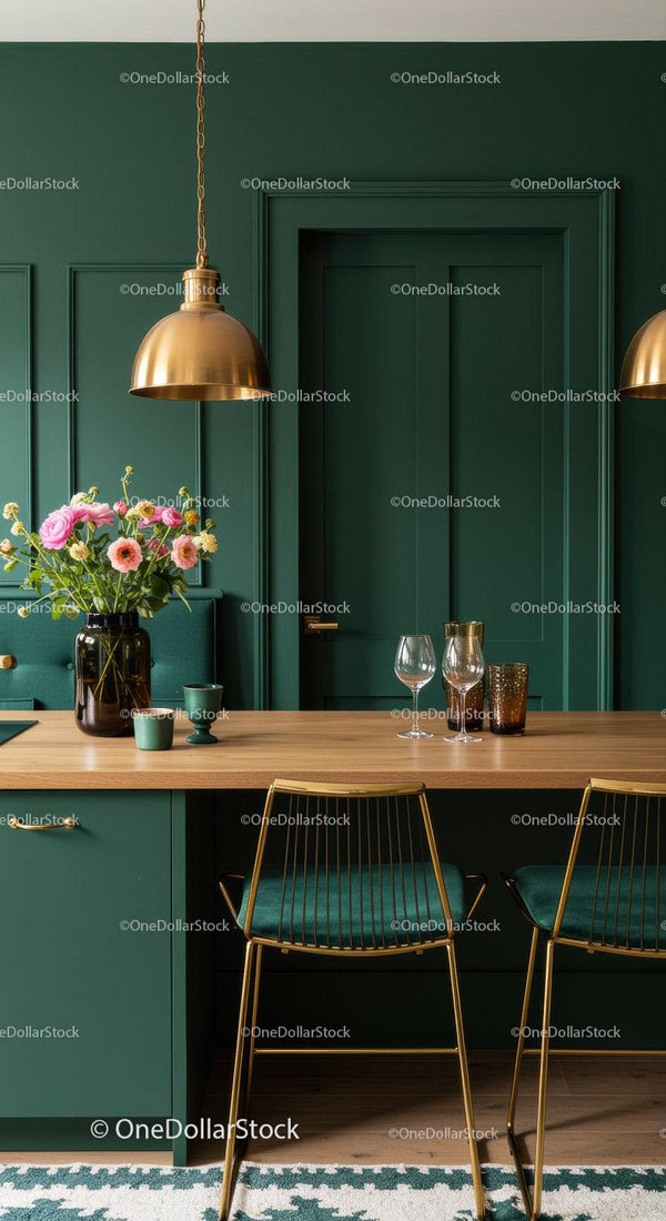 Elegant Modern Green Kitchen with Copper Pendant Lights and Floral Decor