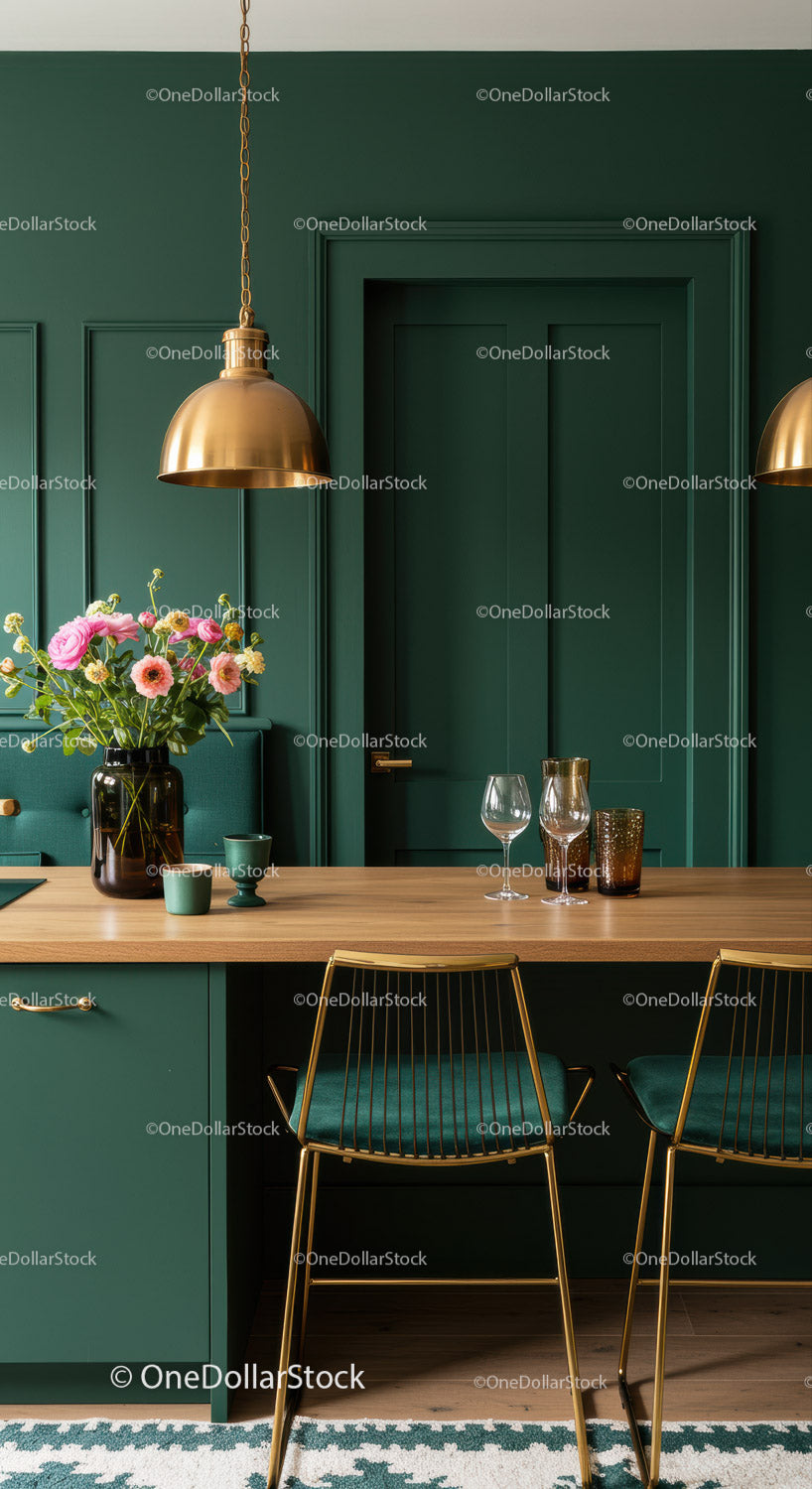 Elegant Modern Green Kitchen with Copper Pendant Lights and Floral Decor