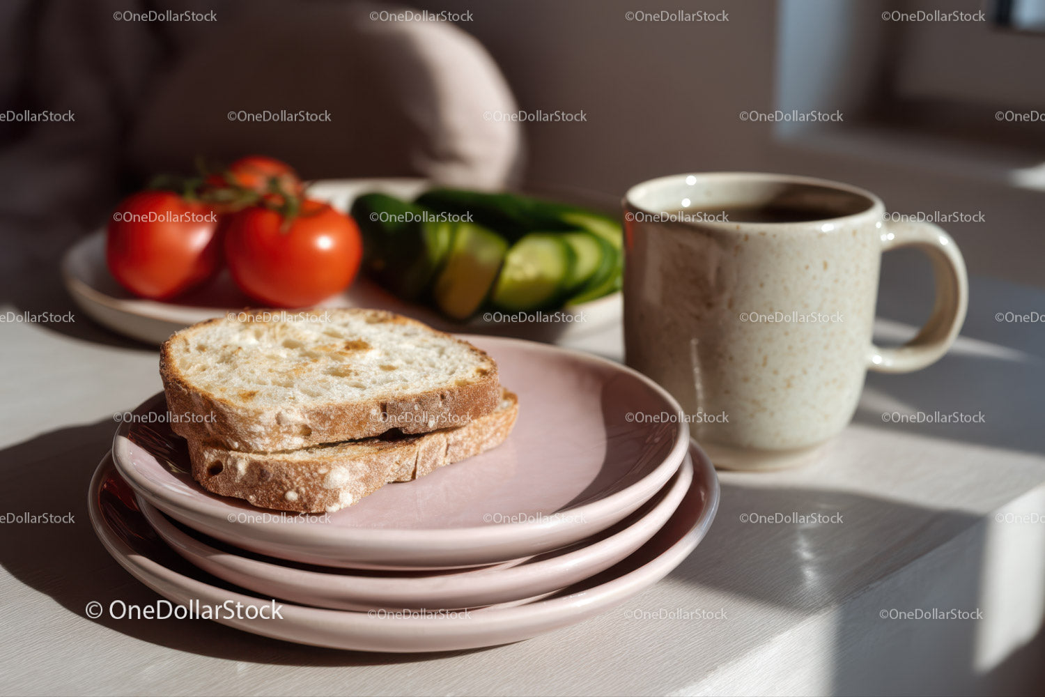 Fresh Tomato and Cucumber Slices with Coffee on Rustic Table