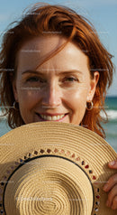 Joyful Red Haired Woman Enjoying Summer by the Beach with Straw Hat