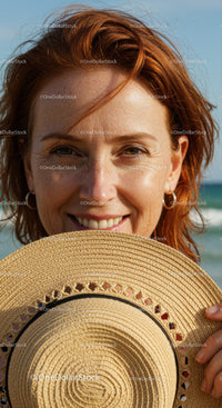 Joyful Red Haired Woman Enjoying Summer by the Beach with Straw Hat