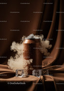 Cold drink can surrounded by mist and ice cubes