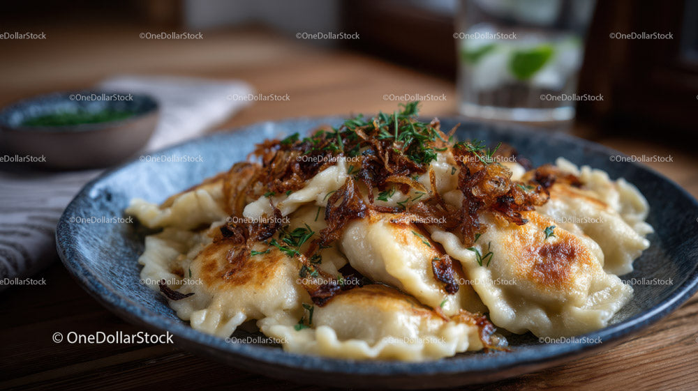 Hearty Dumplings with Crispy Onions and Fresh Herbs in Rustic Plate