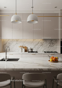 Contemporary White Kitchen with Marble Backsplash and Pendant Lighting
